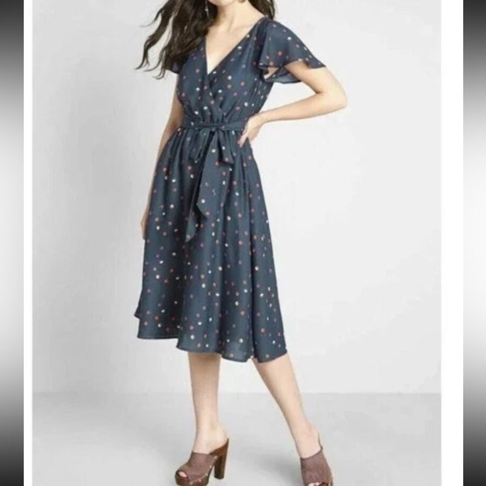 ModCloth Polka Dot Flutter Sleeve Wrap Midi Dress with Pockets - Size S